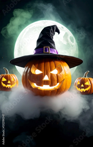 pumpkin witch over moon halloween day poster design
