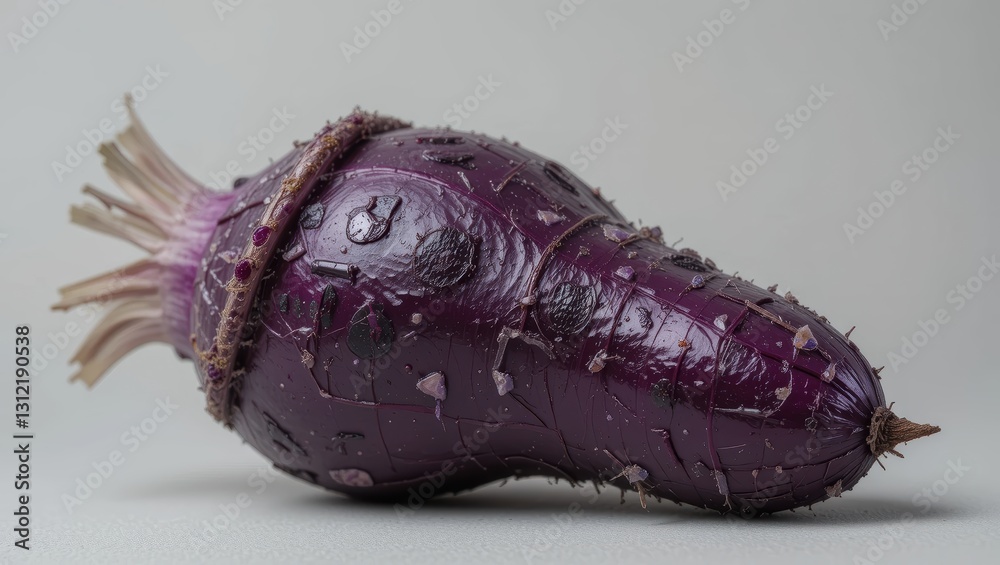 Closeup of a Fresh Purple Eggplant on a Light Gray Background Highlighting Its Natural Texture Closeup of a Fresh Purple Eggplant on a Light Gray Background Highlighting Its Natural Texture