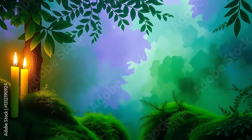 Two Candles Burning Softly In A Mystical Forest, Bathed In Ethereal Green And Purple Light, A Tranquil Scene Evoking Peace And Reflection