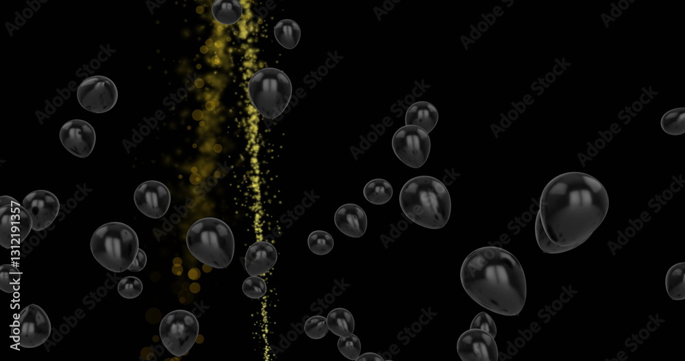 Image of black balloons and light trail on black background Image of black balloons and light trail on black background