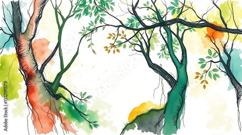 Whispering Woods A Tranquil Watercolor Painting Of Intertwining Trees, Bathed In Soft Sunlight, Their Leaves Painted In Vibrant Greens And Oranges