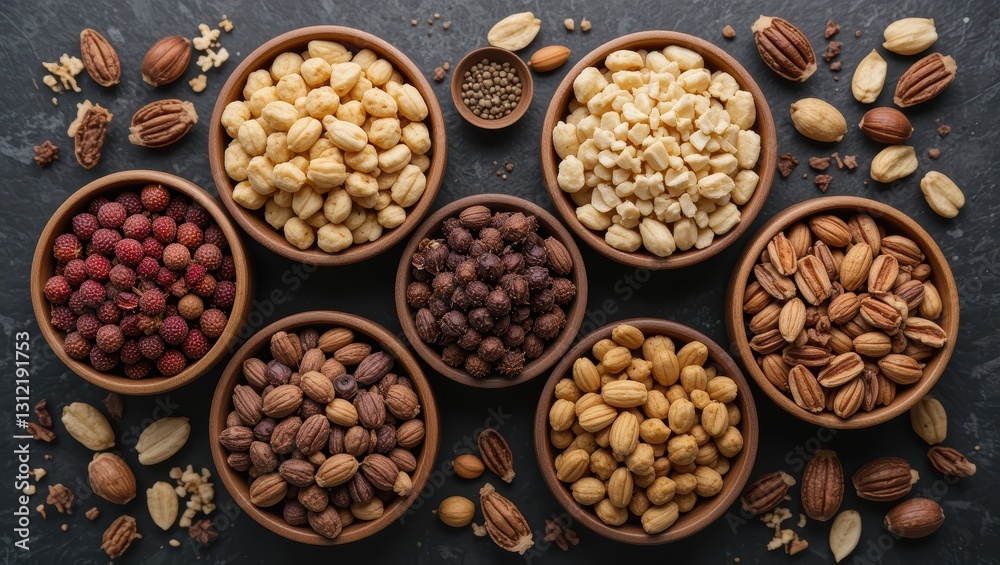 Assorted Nuts and Dried Ingredients in Wooden Bowls on Dark Stone Surface Assorted Nuts and Dried Ingredients in Wooden Bowls on Dark Stone Surface