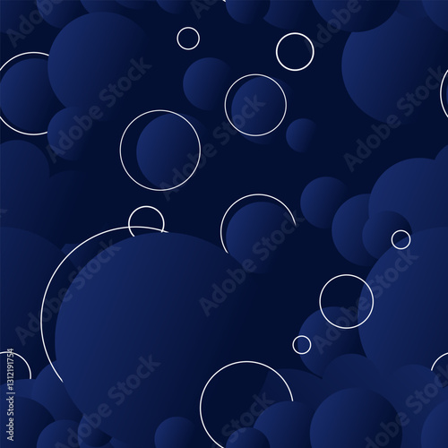 Many big vector bubbles 3d abstract seamless pattern. Round gradient shapes background. Dark blue modern print. Slow flowing movement feeling. Simple graphic texture. Image for business banner layout