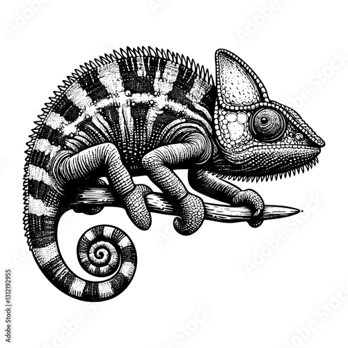 Chameleon sketch engraving black and white outline. Scratch board imitation.  illustrated in vintage line art style on a white background.
