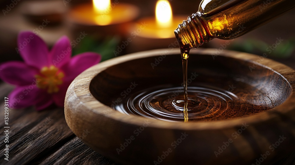 Obraz premium Essential Oil in Glass Bottle Poured into Wooden Bowl with Flower