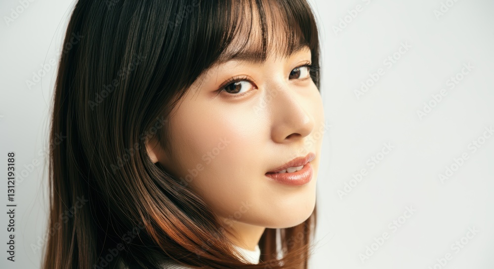 Asian young adult female with long brown hair looking over shoulder Asian young adult female with long brown hair looking over shoulder