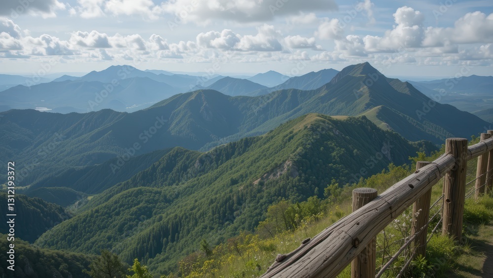 Breathtaking Landscape of Lush Mountains Under a Bright Blue Sky with Puffy Clouds Breathtaking Landscape of Lush Mountains Under a Bright Blue Sky with Puffy Clouds