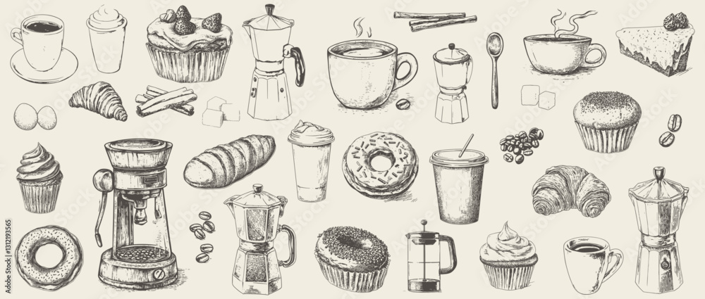 Fototapeta premium Vintage sketch of coffee elements and pastries, showcasing classic cafe and bakery items