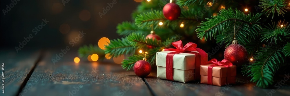 Presents and boxes nestled among the branches of a lush green fir tree which is illuminated by colorful lights, fir, evergreen, green Presents and boxes nestled among the branches of a lush green fir tree which is illuminated by colorful lights, fir, evergreen, green