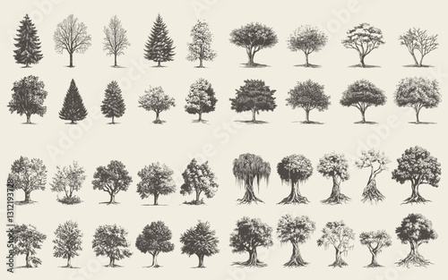 Diverse range of tree silhouettes showcasing botanical variety and elegant design aesthetic