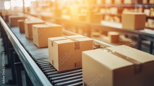 Cardboard boxes are efficiently moving along a conveyor belt in a logistics or distribution center, highlighting a well-organized and automated packaging process. photo