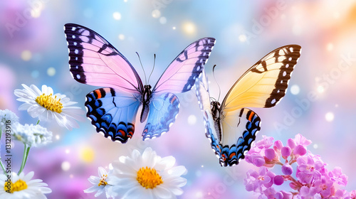 Wallpaper Mural Colorful butterflies flutter among daisies and flowers Torontodigital.ca
