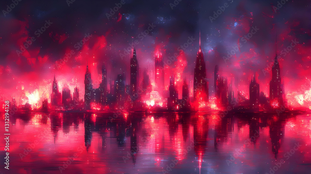 Fototapeta premium Fiery Red Cityscape at Night with Starry Sky Reflection