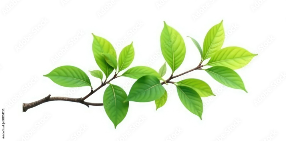 Single branch with leaves isolated on white background, pure white, green, tree part Single branch with leaves isolated on white background, pure white, green, tree part