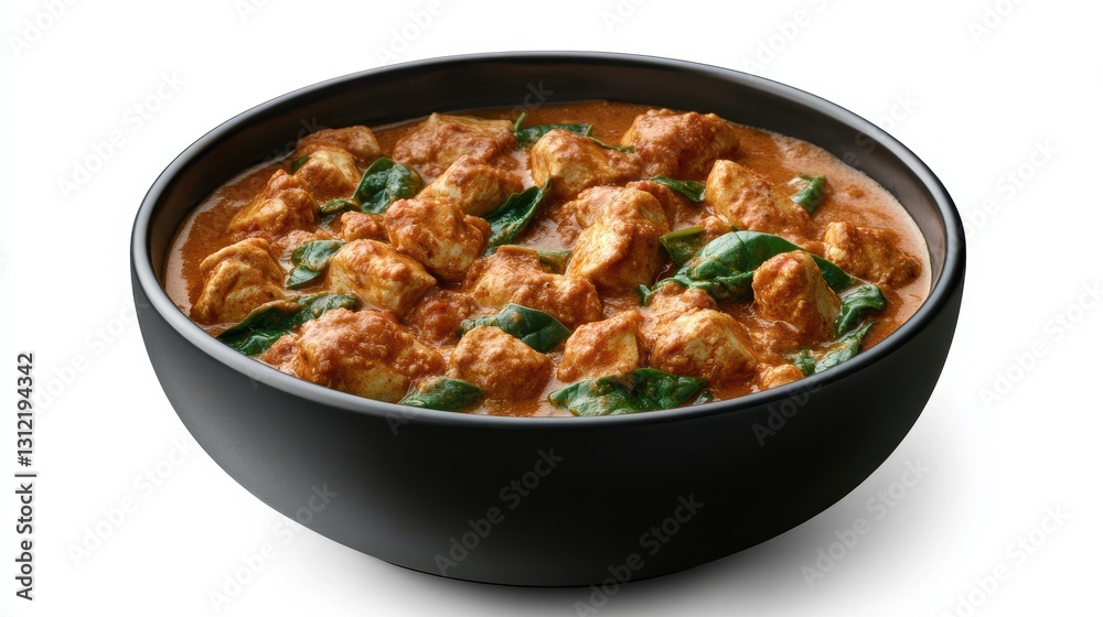 Chicken tikka masala with spinach in a black bowl isolated on a white background. Chicken tikka masala with spinach in a black bowl isolated on a white background.