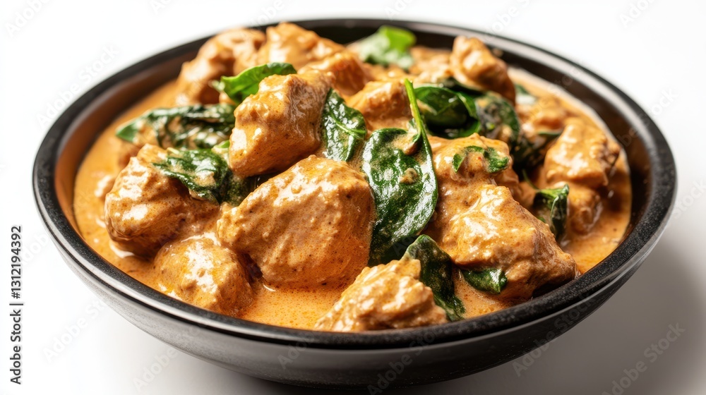 Chicken tikka masala with spinach in a black bowl isolated on a white background. Chicken tikka masala with spinach in a black bowl isolated on a white background.