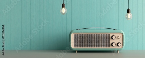 A vintage-style radio sits against a turquoise wall, illuminated by hanging light bulbs, creating a retro yet modern ambiance.