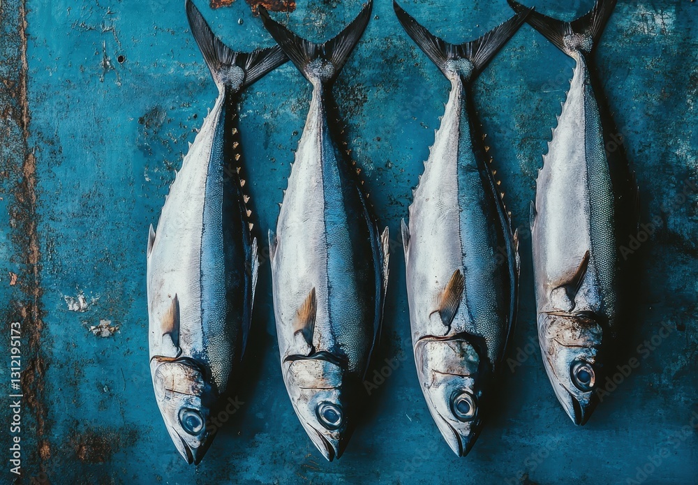 Obraz premium Freshly Caught Fish Displayed on Rustic Blue Surface in Market Environment Showcasing Natural Colors and Textures of Marine Life