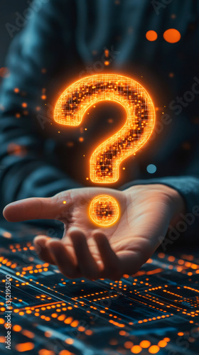 Programmer examining holographic question mark hovering over electronic circuit board, symbolizing tech exploration and problem-solving