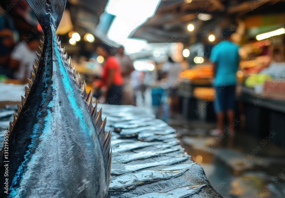 Obraz premium Freshly Caught Fish Glimmering in Market with Busy Background and Shoppers Engaged in Purchasing Seafood Delicacies and Products