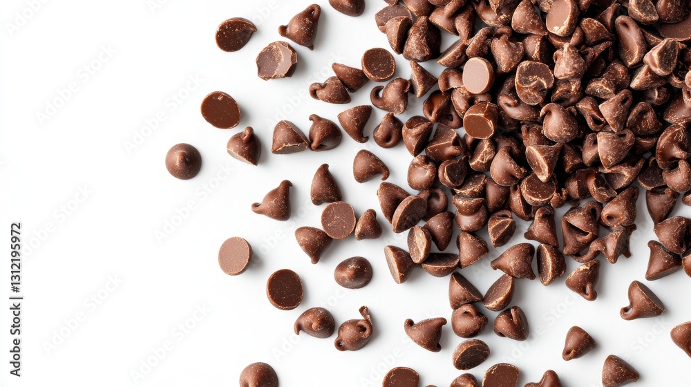 Close-up of scattered chocolate chips on a white background, showcasing their rich, dark texture and glossy sheen. Close-up of scattered chocolate chips on a white background, showcasing their rich, dark texture and glossy sheen.
