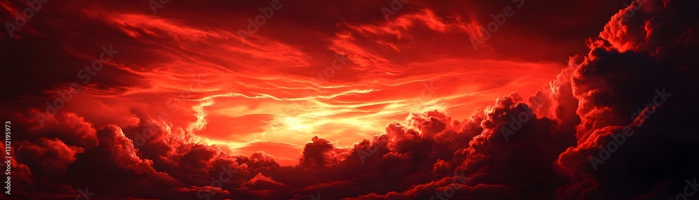 Fototapeta premium Fiery sky with vibrant red clouds and golden horizon