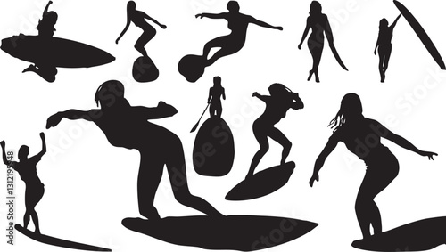 Surfboard Silhouette Pack - Action Surfing Vector Bundle with Female Surfers, Stand-Up Paddling, and Balance Poses - EPS Set on Transparent Background