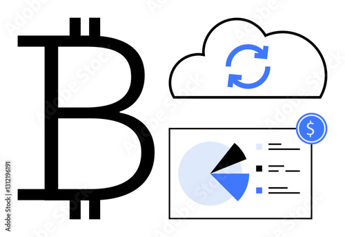 Bitcoin currency icon, cloud synchronization with arrows, pie chart analytics showcasing financial data trends. Ideal for cryptocurrency, blockchain, fintech, data analysis, investment, digital