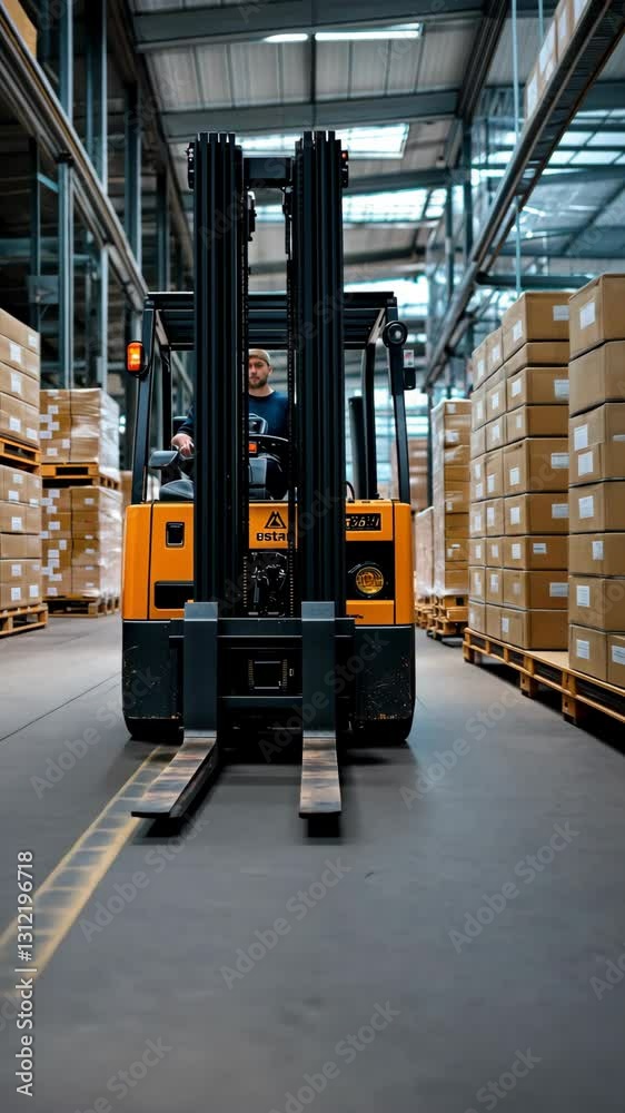 A forklift operator efficiently manages the movement of boxes in a bustling warehouse throughout the daytime hours