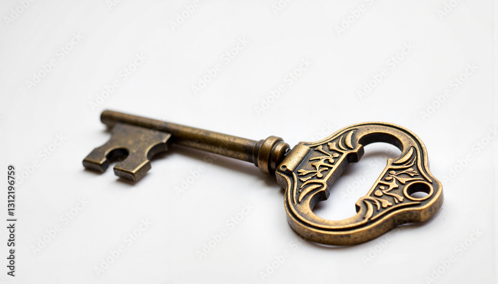 Antique brass key with ornate engravings on blank background, symbolism of unlocking potential Antique brass key with ornate engravings on blank background, symbolism of unlocking potential