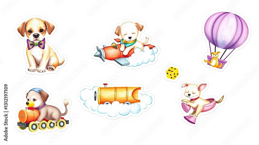 Fototapeta premium Adorable Puppy Illustrations Airplane Train Balloon Dice