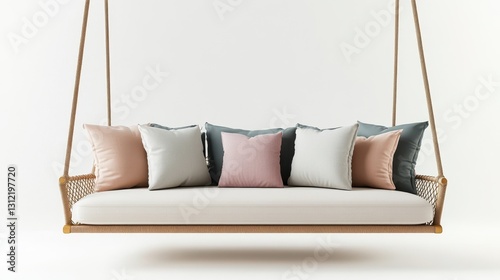 Cozy sofa with decorative pillows swinging gently on a white background, offering a whimsical and comfortable design element. photo