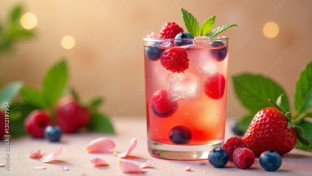 Refreshing Berry Iced Beverage with Mint Garnish and Ice Cubes in a Glass Refreshing Berry Iced Beverage with Mint Garnish and Ice Cubes in a Glass