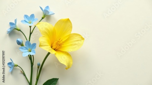 A vibrant yellow flower, prominent and elegant, complements a delicate cluster of light blue blossoms arranged artfully on a soft, off-white background.