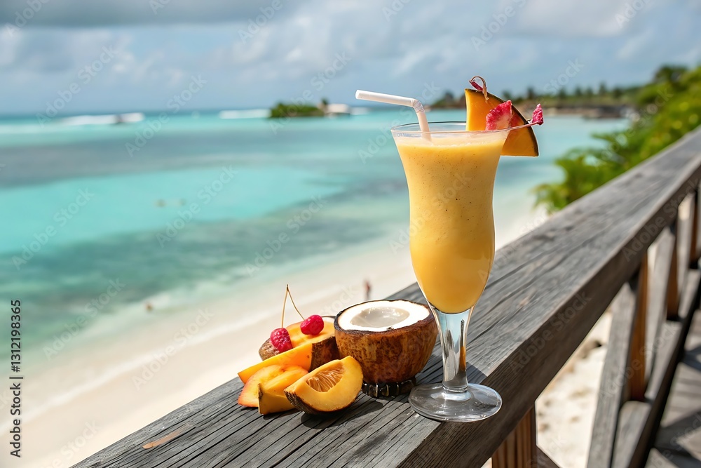 Obraz premium Tropical fruit smoothie on beach with ocean view