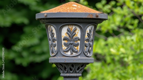 A rusted lamp post with a flower design on the front.