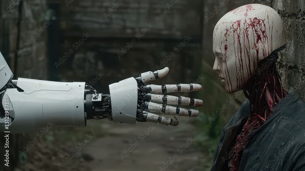Robot Arm Reaches Toward Bloodied Human Sculpture