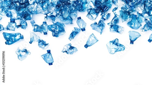 Crumpled plastic bottles scattered and isolated on a white background, representing recycled plastic materials and highlighting their environmental impact. photo