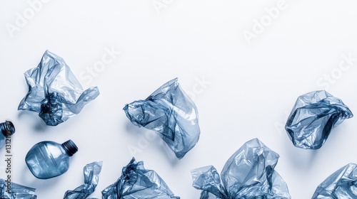 Crumpled plastic bottles scattered and isolated on a white background, representing recycled plastic materials and highlighting their environmental impact. photo