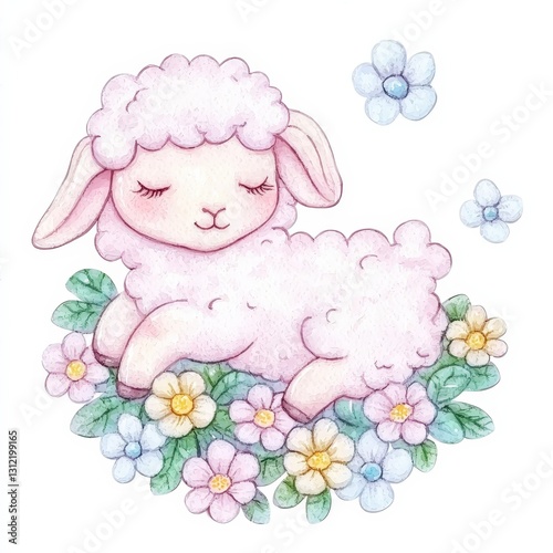 Wallpaper Mural Cute Cartoon Lamb Sleeping on a Bed of Colorful Flowers in a Playful Watercolor Style Torontodigital.ca