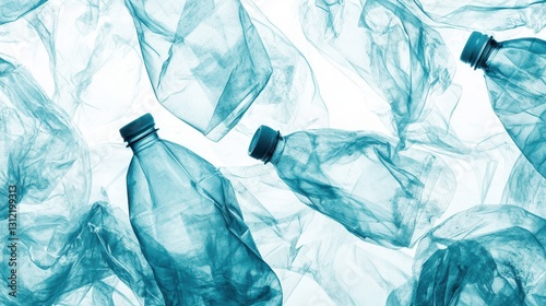 Crumpled plastic bottles scattered and isolated on a white background, representing recycled plastic materials and highlighting their environmental impact. photo