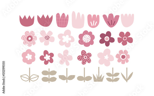 Vector illustration of flower constructor, flower stems and buds. Cute abstract naive simple cartoon flowers. Kids design. Spring, summer. Plants. Scandinavian style. Perfect for children's products.
