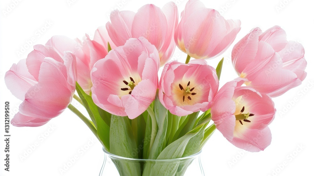 Delicate pink tulip flowers arranged in a clear glass vase, isolated against a white background, showcasing their elegance and beauty. Delicate pink tulip flowers arranged in a clear glass vase, isolated against a white background, showcasing their elegance and beauty.