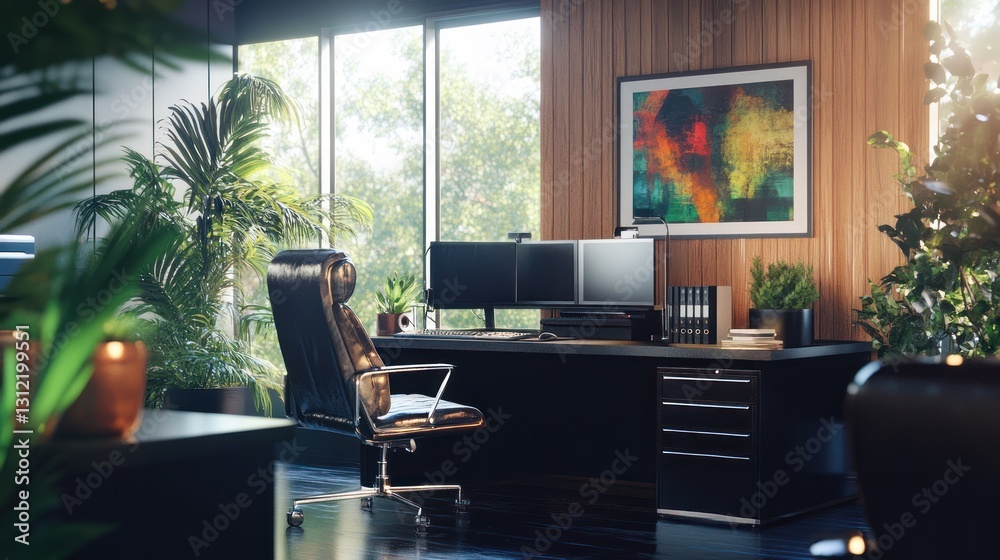 Fototapeta premium Modern Office Interior with Plants and Artwork