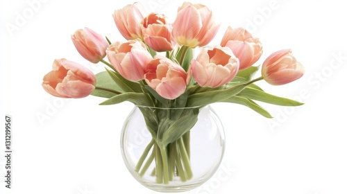 Wallpaper Mural Delicate pink tulip flowers arranged in a clear glass vase, isolated against a white background, showcasing their elegance and beauty. Torontodigital.ca