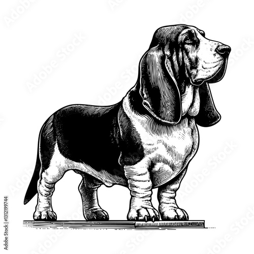 Beagle dog sketch engraving black and white outline. Scratch board imitation.  illustrated in vintage line art style on a white background.