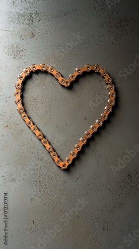 Heart Shape Formed from Bike Chain on a Textured Grey Background, Symbol of Love and Mechanical Romance.