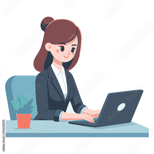 Professional Business Woman at Desk with Laptop Illustration