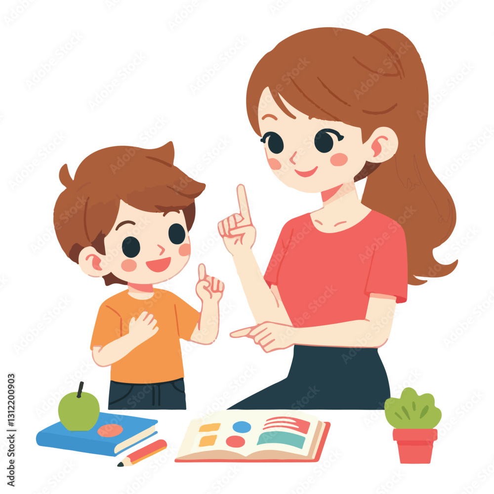 Mother Teaching Her Child Illustration Educational Vector Art Style Mother Teaching Her Child Illustration Educational Vector Art Style