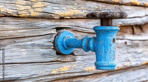 A weathered blue metal tap with a rusted handle is attached to a wooden wall.